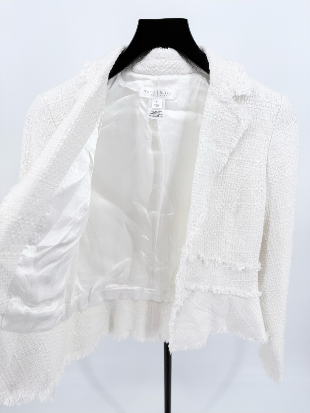 White House Black Market White Tweed Blazer Size 4 Fringe Trim Jacket - Picture 8 of 9